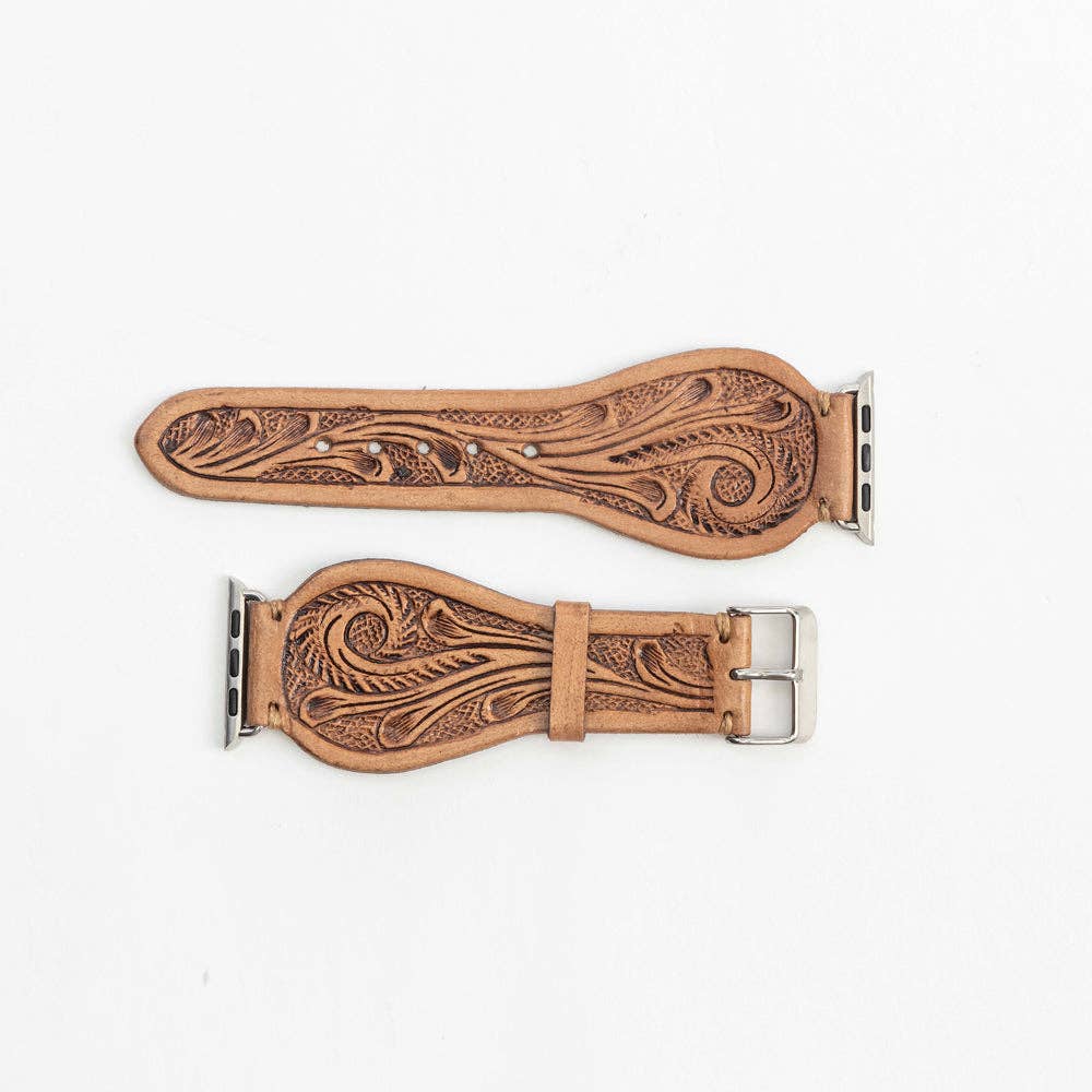 Myra Bag - Lone Star Handtooled Leather Watch Band in Light Saddle Tan