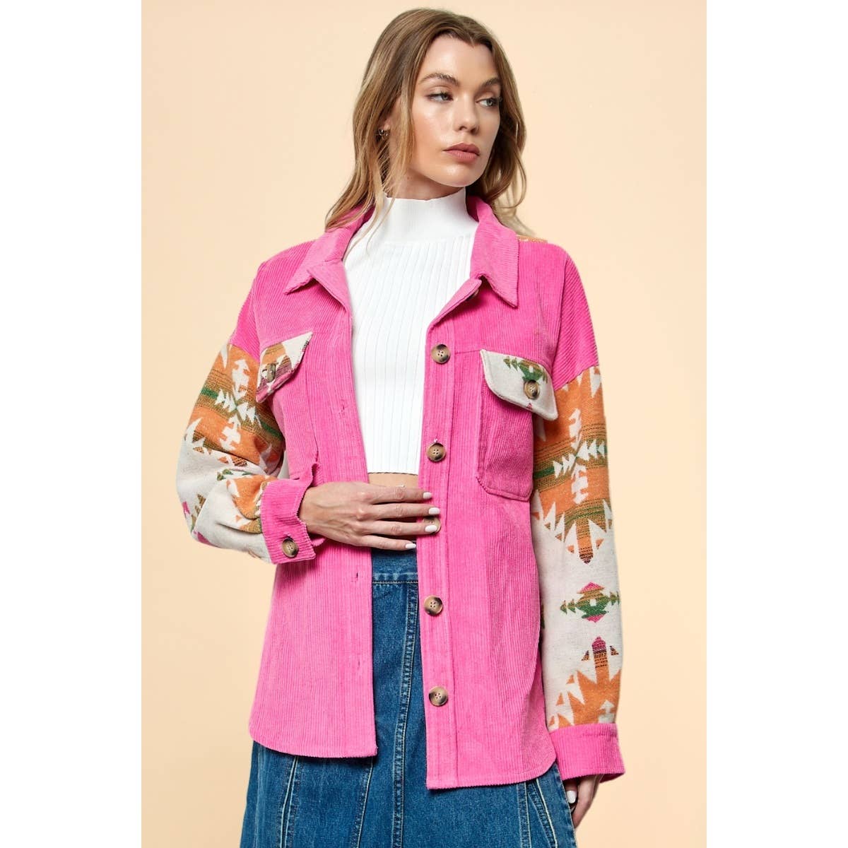 Veveret - Contrast Pattern Corduroy Shacket