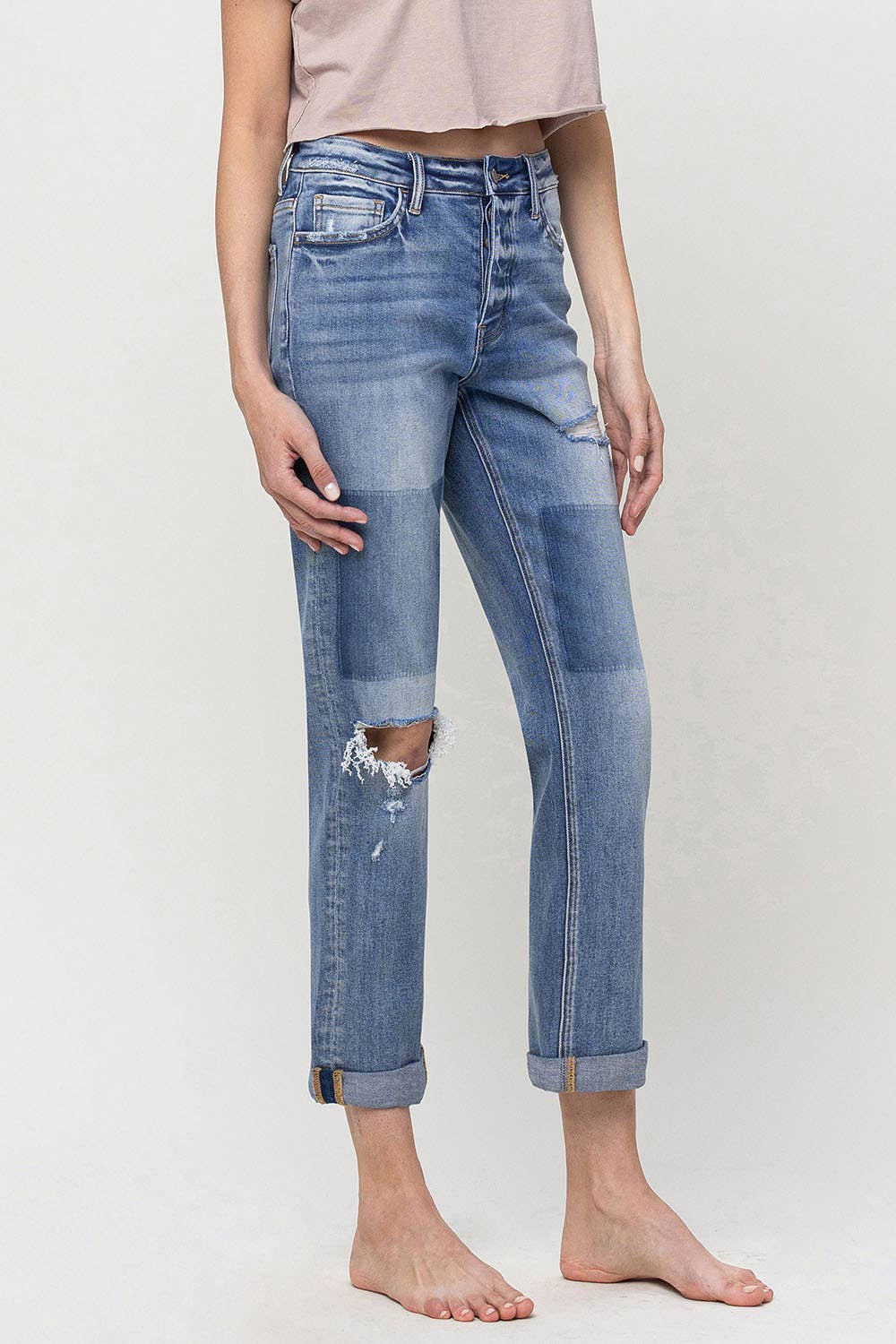 VERVET by FLYING MONKEY - MID RISE BUTTON FLY CUFFED BOYFRIEND JEANS V3117