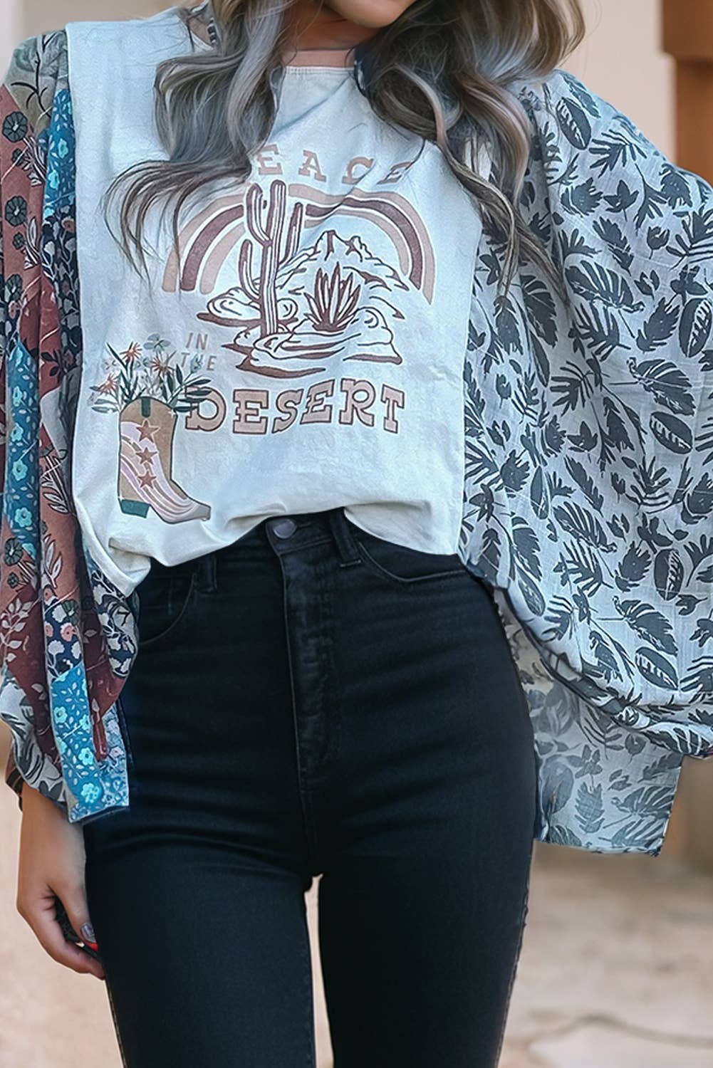 Little Daisy Closet - LDC Asymmetric Patchwork Sleeve Peace Desert Graphic Tee