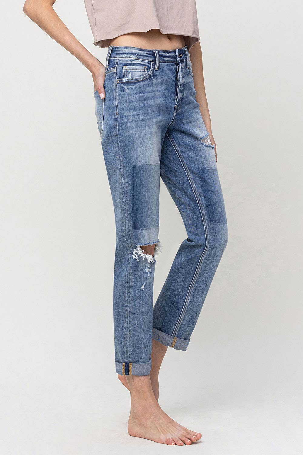 VERVET by FLYING MONKEY - MID RISE BUTTON FLY CUFFED BOYFRIEND JEANS V3117