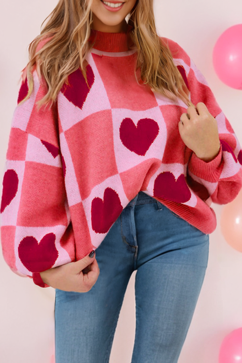 Little Daisy Closet - LDC  Love Heart Block Mock Neck Valentine Sweater| S-4X