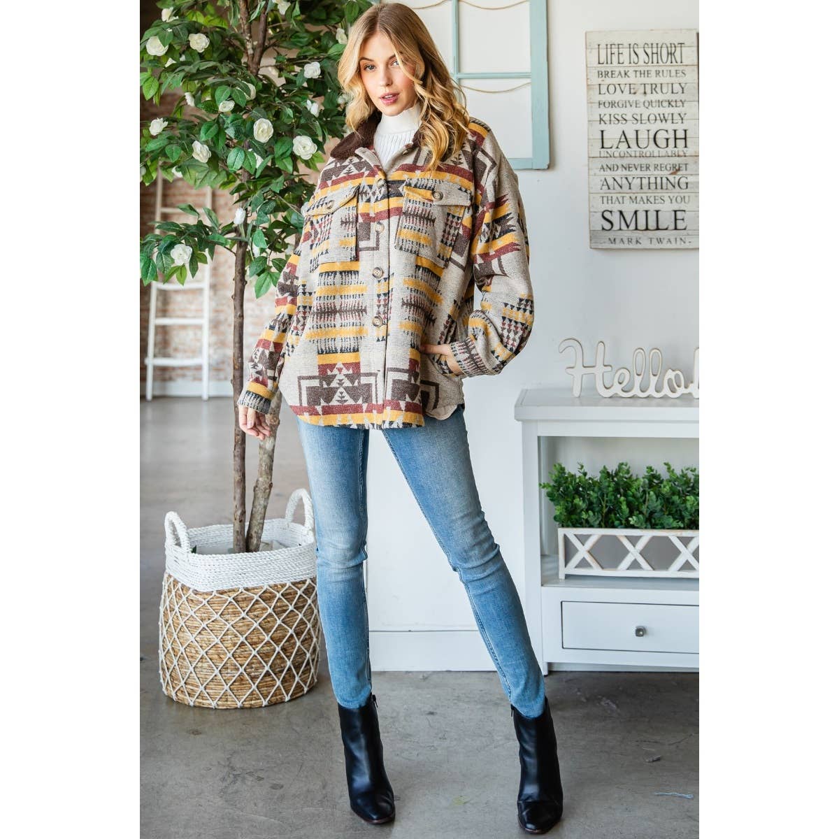 Desert PlainsVintage Pattern Thick Knit Fringe Shacket