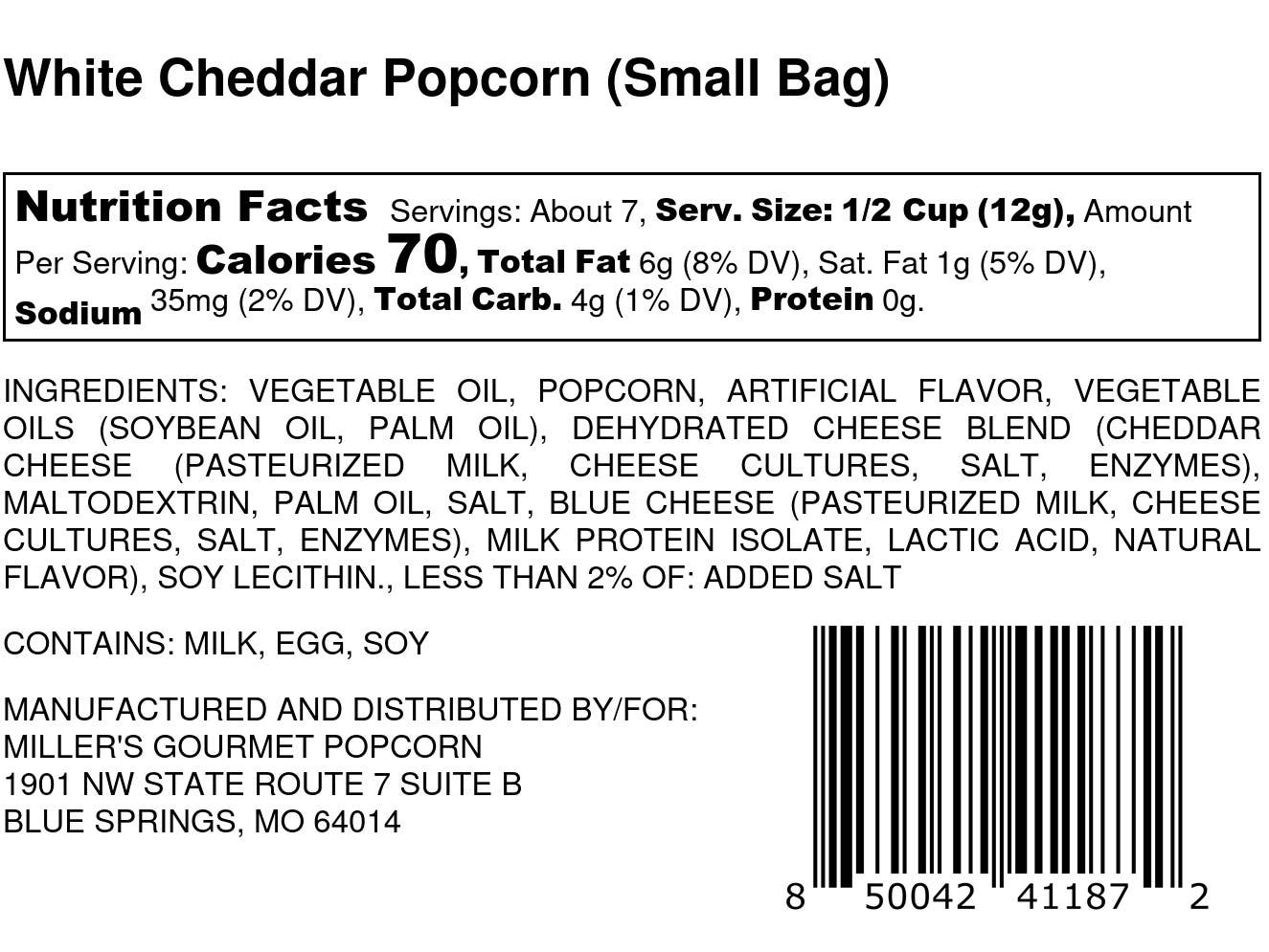 Miller's Gourmet Popcorn - White Cheddar Popcorn: Small