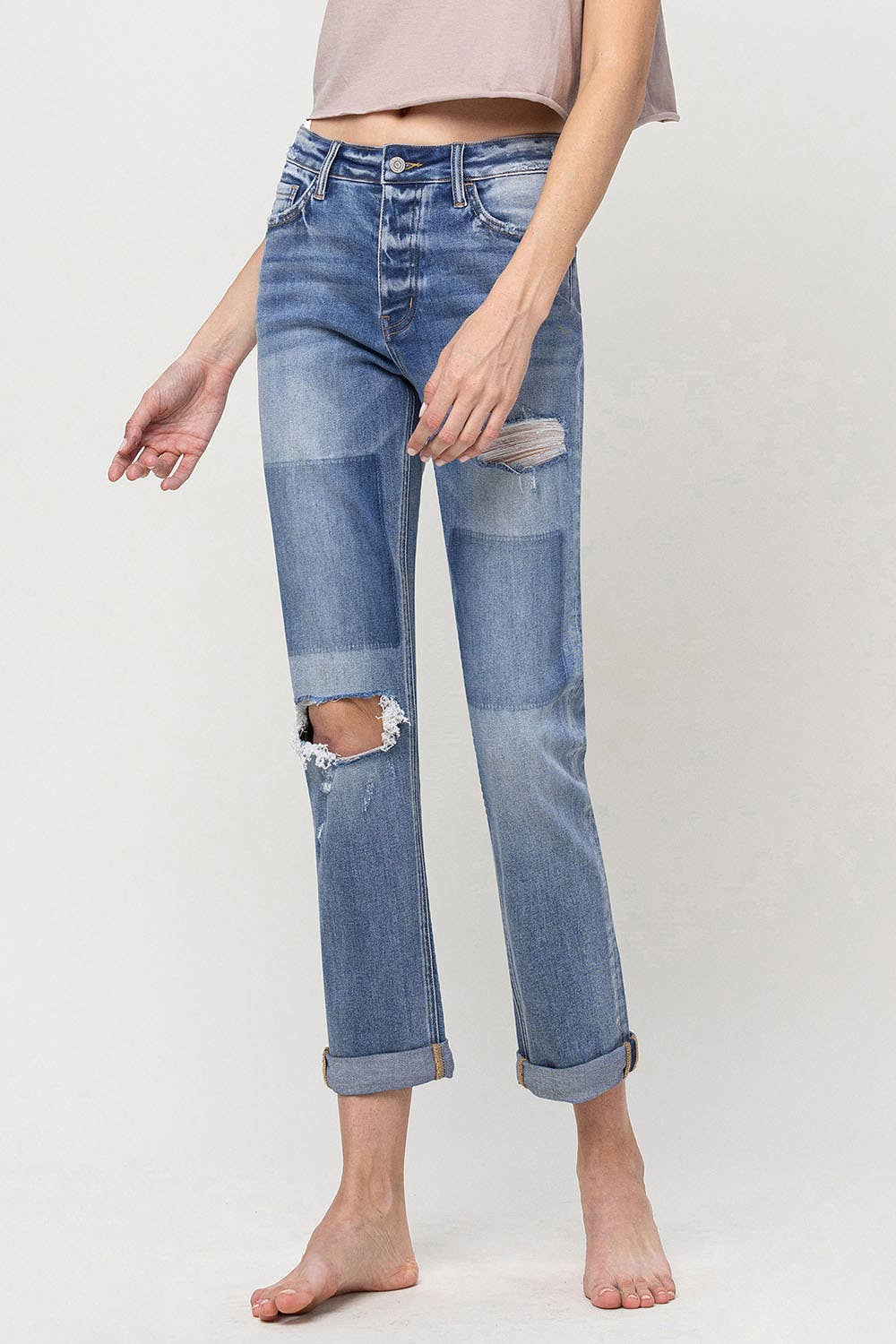 VERVET by FLYING MONKEY - MID RISE BUTTON FLY CUFFED BOYFRIEND JEANS V3117