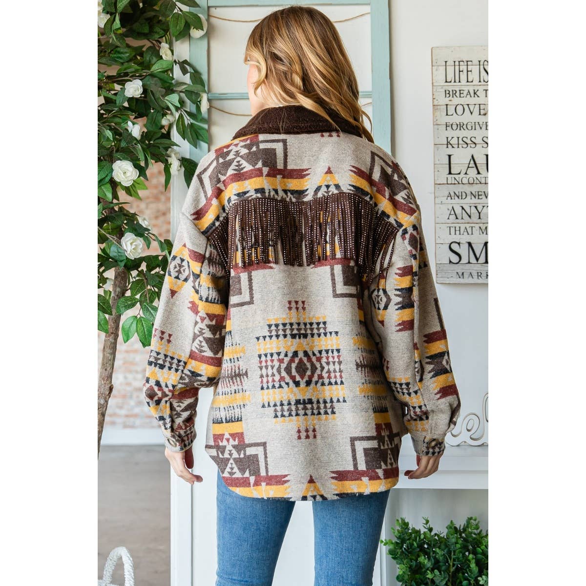 Desert PlainsVintage Pattern Thick Knit Fringe Shacket