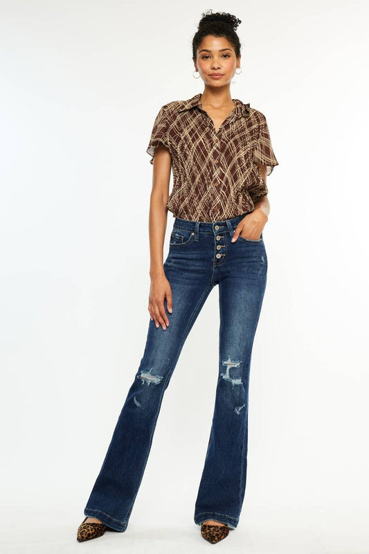 Kan Can USA - OPEN PACK MID RISE BUTTON UP DISTRESS FLARE JEANS-KC6327FD