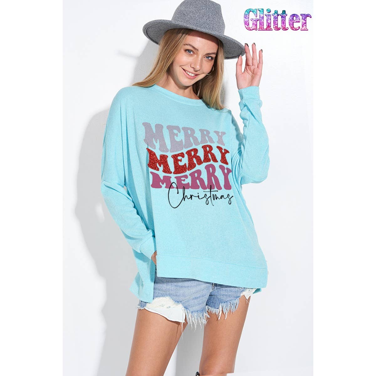 Phil Love - Merry christmas glitter side slit long sleeve top: Sky Blue / S