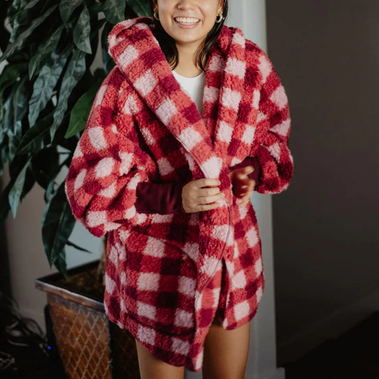 PINK PLAID LIGHTWEIGHT WHOLESALE BODY WRAP W/ HOODIE & POCKETS