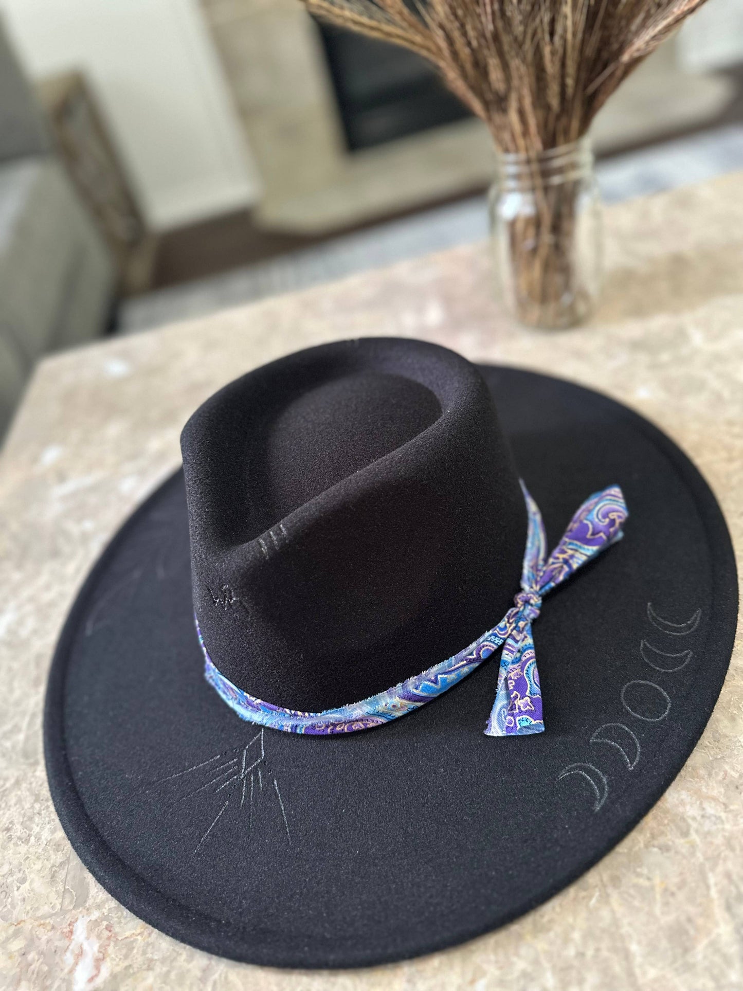 Whiskey Ranch - Burnt vegan felt hat - Free handed designs