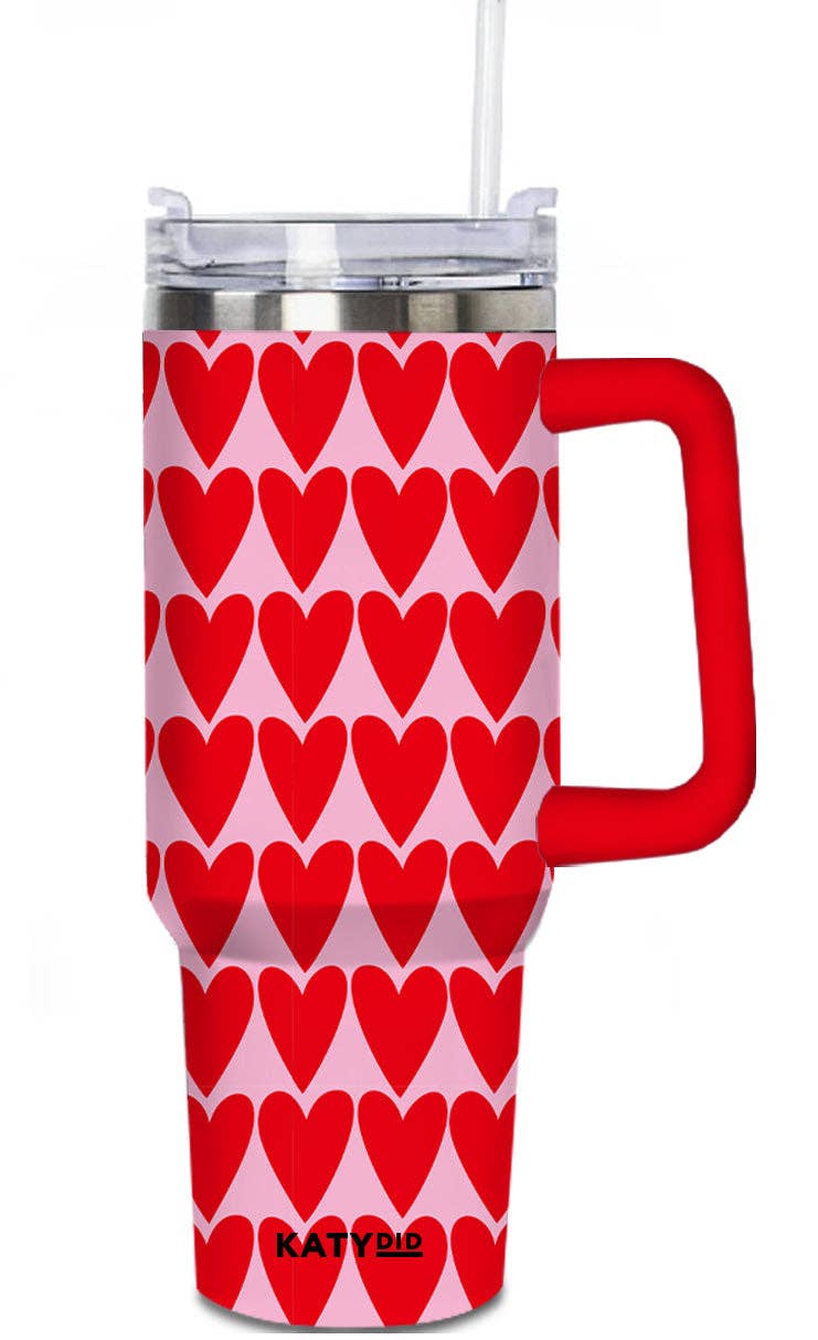 Katydid - Girly Red Hearts Pattern Tumbler with Handle and Straw: Light Pink